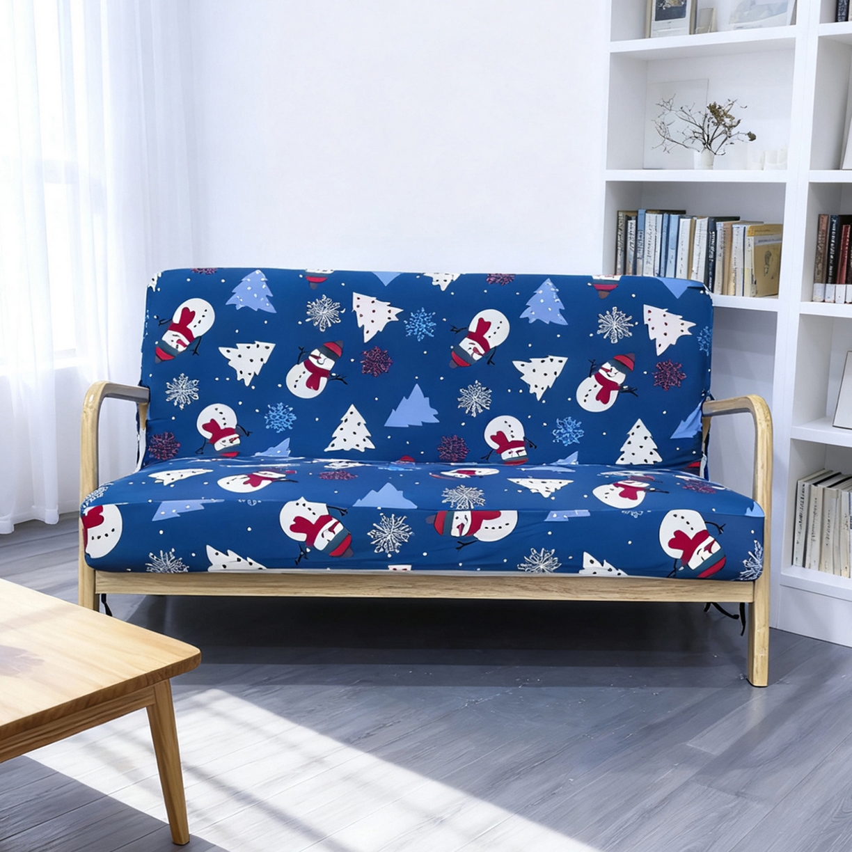 91家纺网 家纺一手货源 找家纺 壹零特色家纺 2025新款印花款实木多人沙发椅套 快乐圣诞-蓝