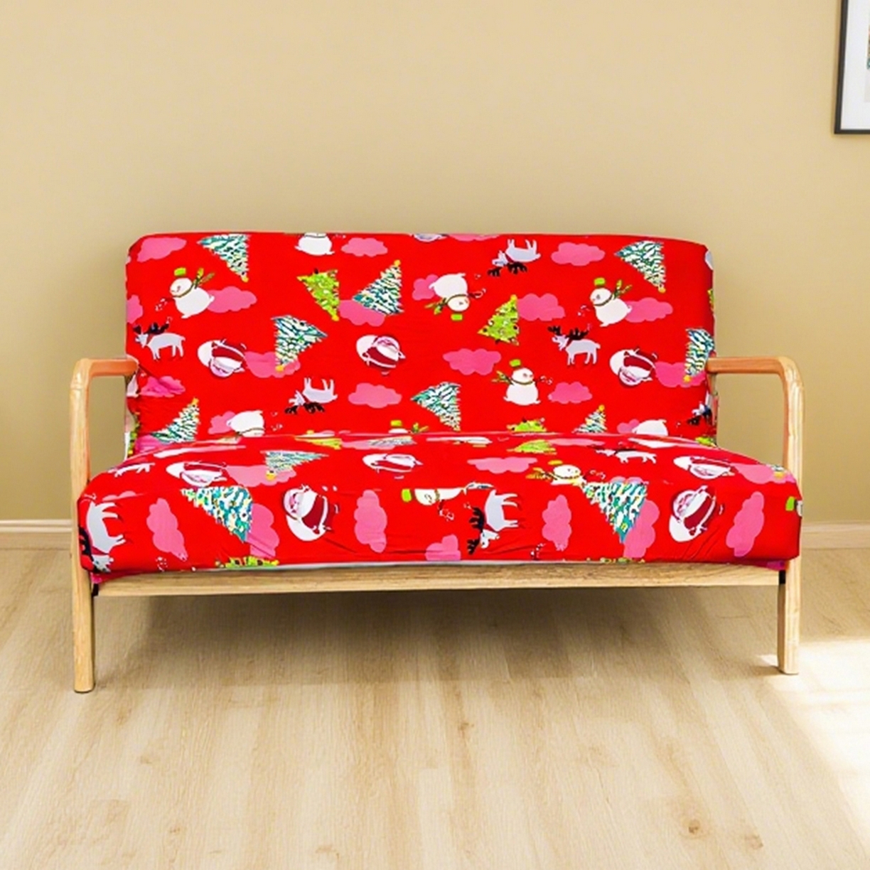 91家纺网 家纺一手货源 找家纺 壹零特色家纺 2025新款印花款实木多人沙发椅套 快乐圣诞-红