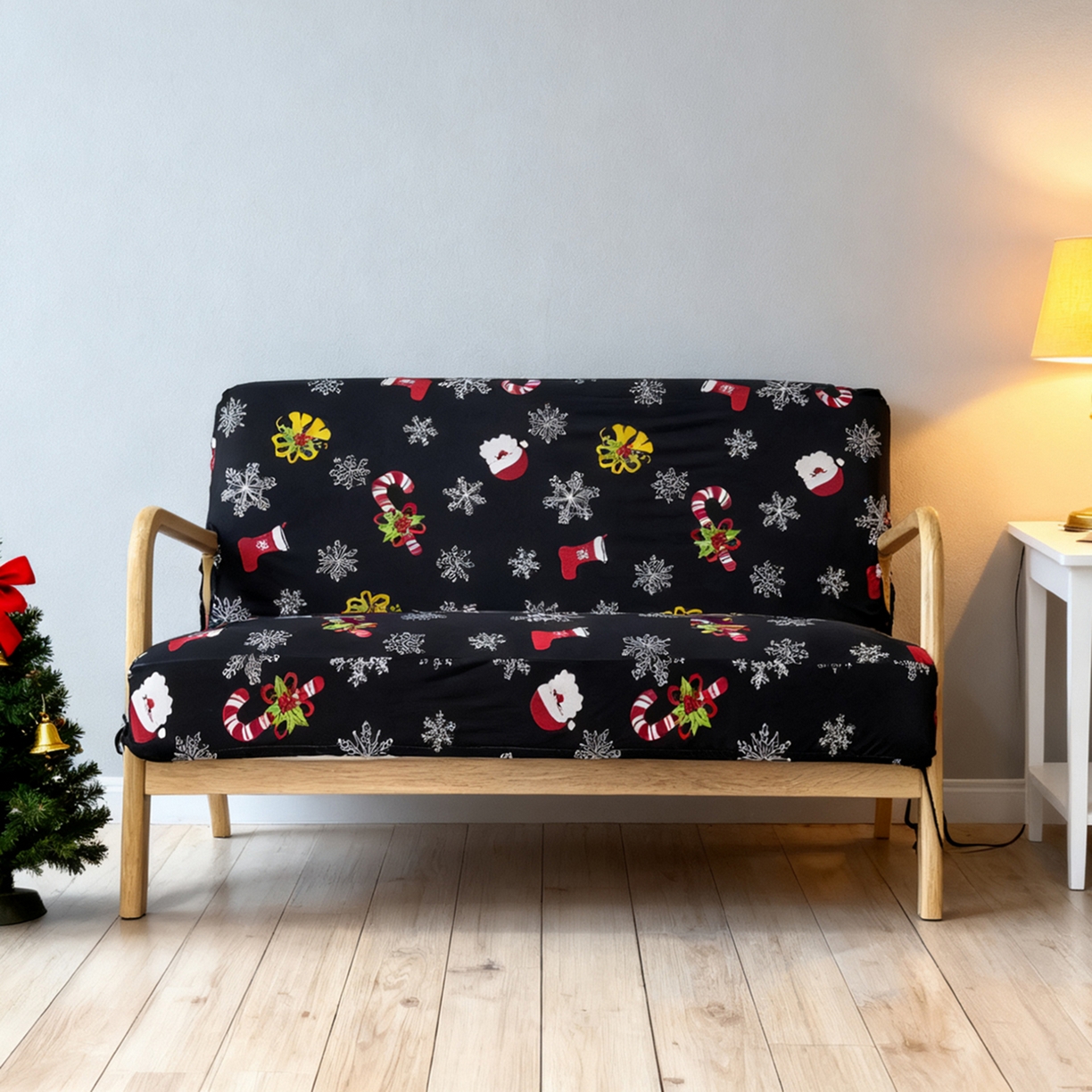 91家纺网 家纺一手货源 找家纺 壹零特色家纺 2025新款印花款实木多人沙发椅套 快乐圣诞-黑