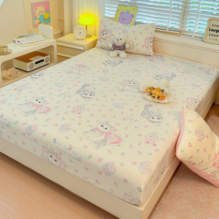 91家纺网 家纺一手货源 找家纺 慕澄家纺 2025新款牛奶绒印花床笠床笠单品 床笠-爱心甜宠