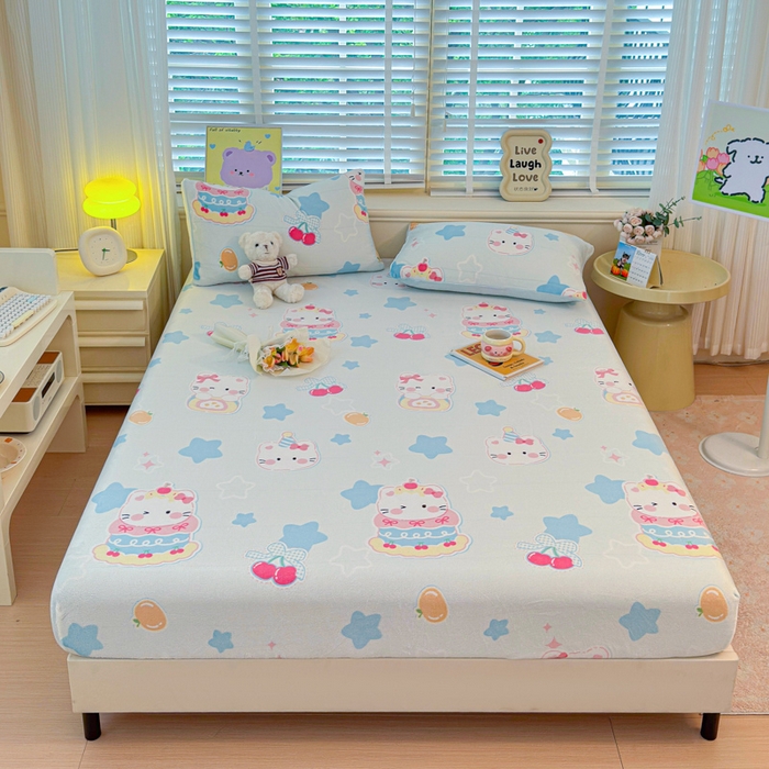 91家纺网 家纺一手货源 找家纺 慕澄家纺 2025新款牛奶绒印花床笠床笠单品 床笠-蛋糕猫咪