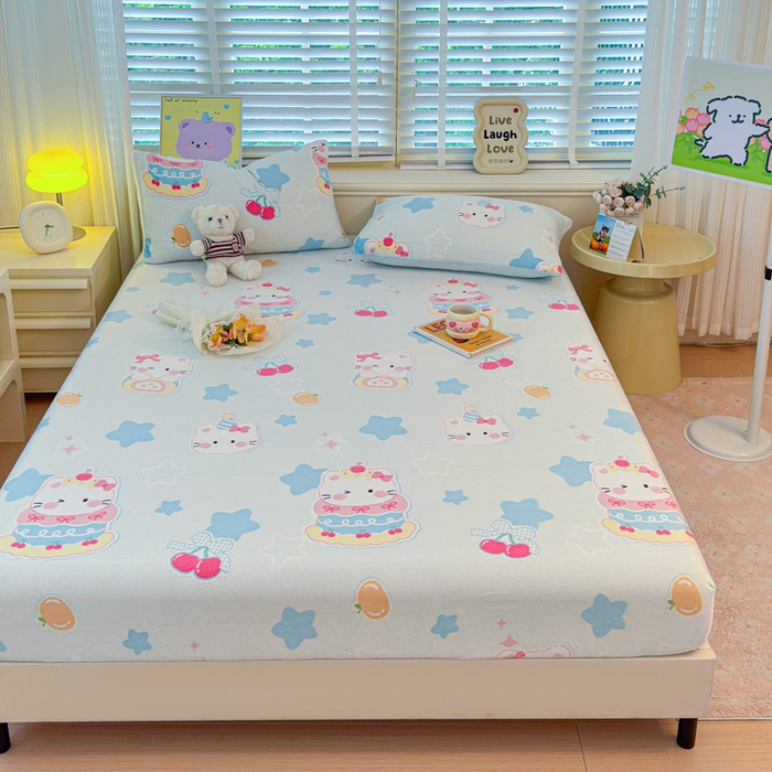 91家纺网 家纺一手货源 找家纺 慕澄家纺 2025新款牛奶绒印花床笠床笠单品 床笠-蛋糕猫咪