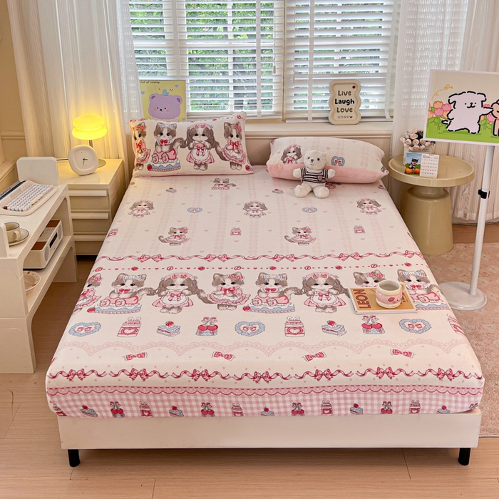 91家纺网 家纺一手货源 找家纺 慕澄家纺 2025新款牛奶绒印花床笠床笠单品 床笠-粉色喵喵