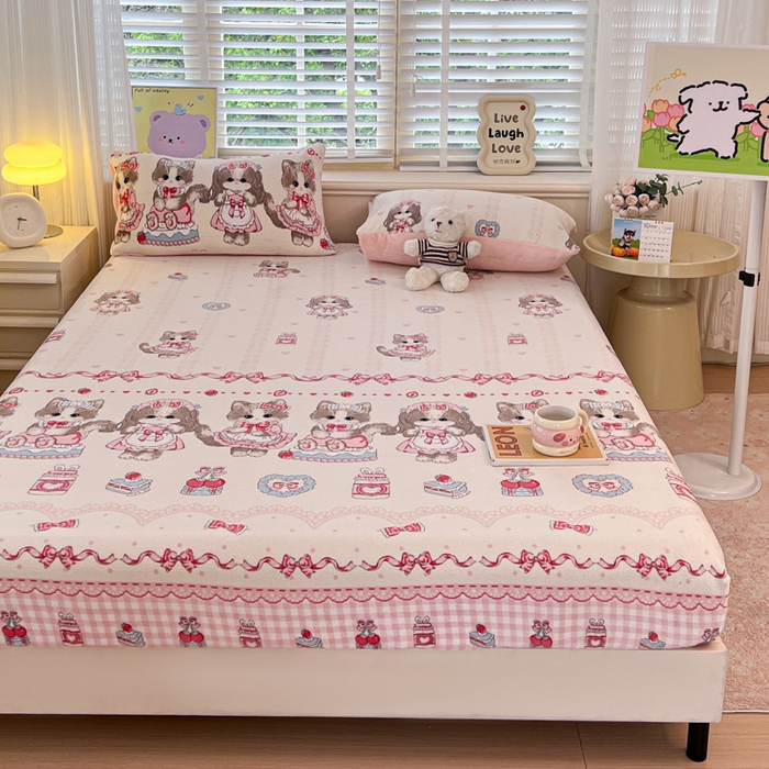 91家纺网 家纺一手货源 找家纺 慕澄家纺 2025新款牛奶绒印花床笠床笠单品 床笠-粉色喵喵