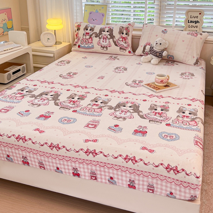 91家纺网 家纺一手货源 找家纺 慕澄家纺 2025新款牛奶绒印花床笠床笠单品 床笠-粉色喵喵