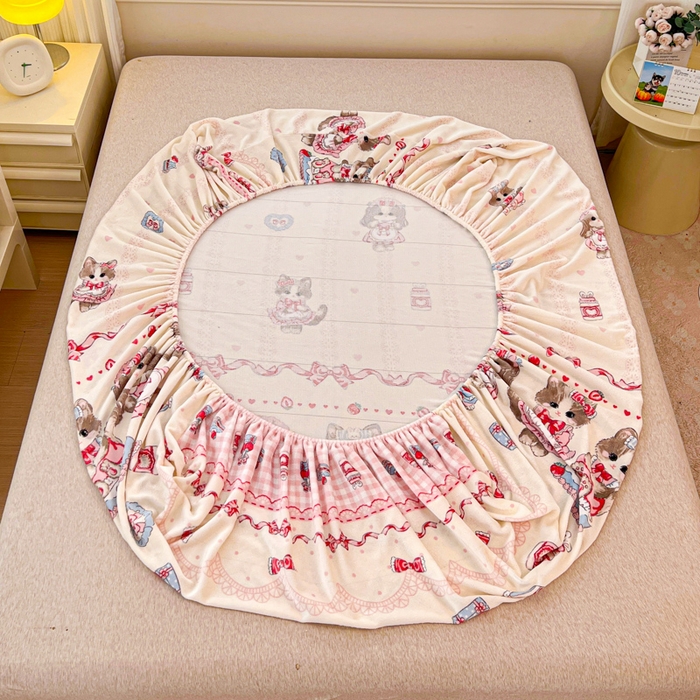 91家纺网 家纺一手货源 找家纺 慕澄家纺 2025新款牛奶绒印花床笠床笠单品 床笠-粉色喵喵