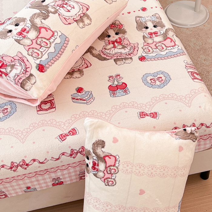 91家纺网 家纺一手货源 找家纺 慕澄家纺 2025新款牛奶绒印花床笠床笠单品 床笠-粉色喵喵