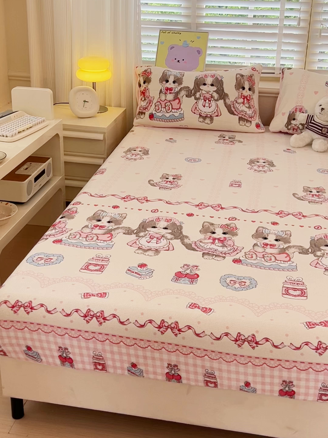 91家纺网 家纺一手货源 找家纺 慕澄家纺 2025新款牛奶绒印花床笠床笠单品 床笠-粉色喵喵