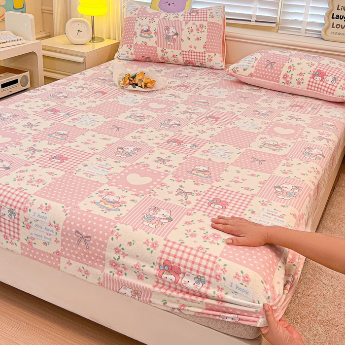 慕澄家纺 2025新款牛奶绒印花床笠床笠单品 床笠-格子小猫