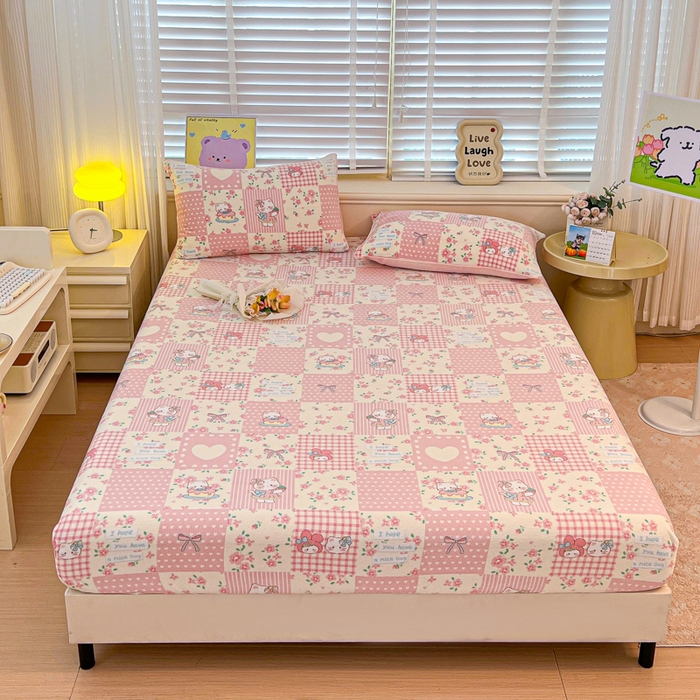 91家纺网 家纺一手货源 找家纺 慕澄家纺 2025新款牛奶绒印花床笠床笠单品 床笠-格子小猫