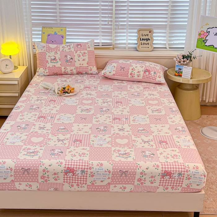 91家纺网 家纺一手货源 找家纺 慕澄家纺 2025新款牛奶绒印花床笠床笠单品 床笠-格子小猫