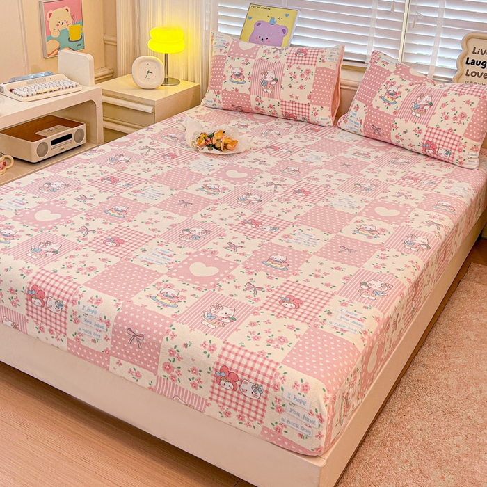 91家纺网 家纺一手货源 找家纺 慕澄家纺 2025新款牛奶绒印花床笠床笠单品 床笠-格子小猫