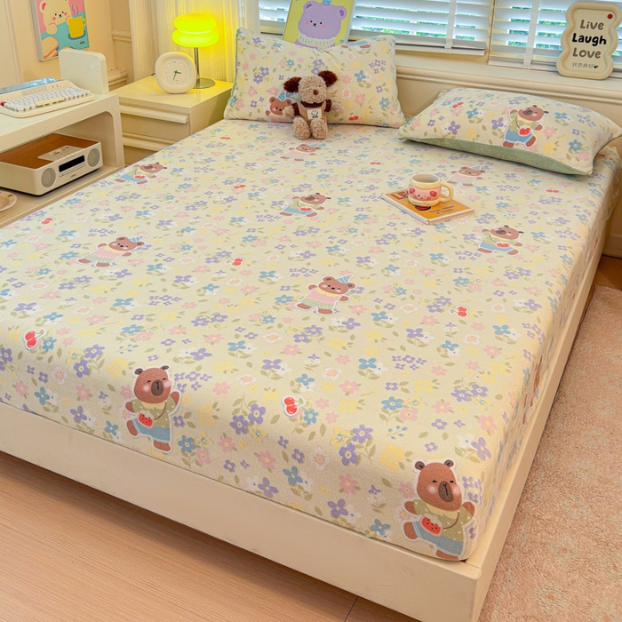 91家纺网 家纺一手货源 找家纺 慕澄家纺 2025新款牛奶绒印花床笠床笠单品 床笠-快乐卡皮