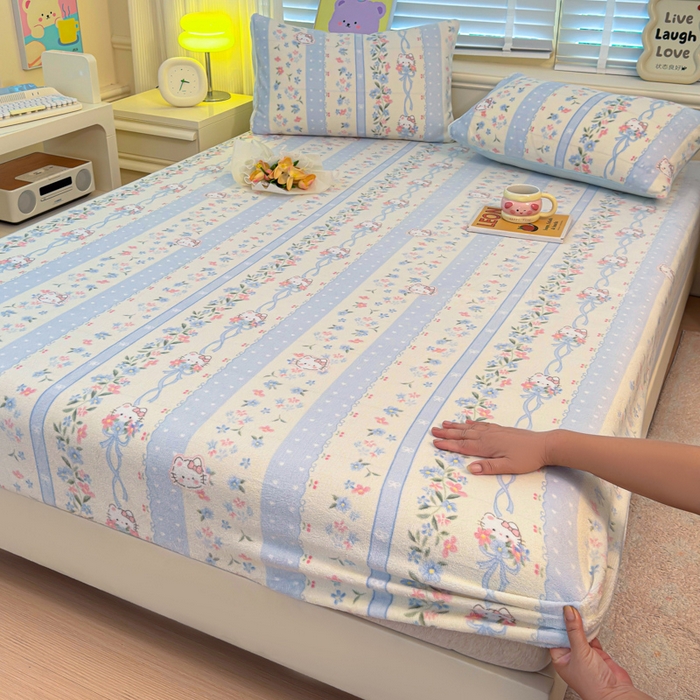 慕澄家纺 2025新款牛奶绒印花床笠床笠单品 床笠-蓝条凯蒂