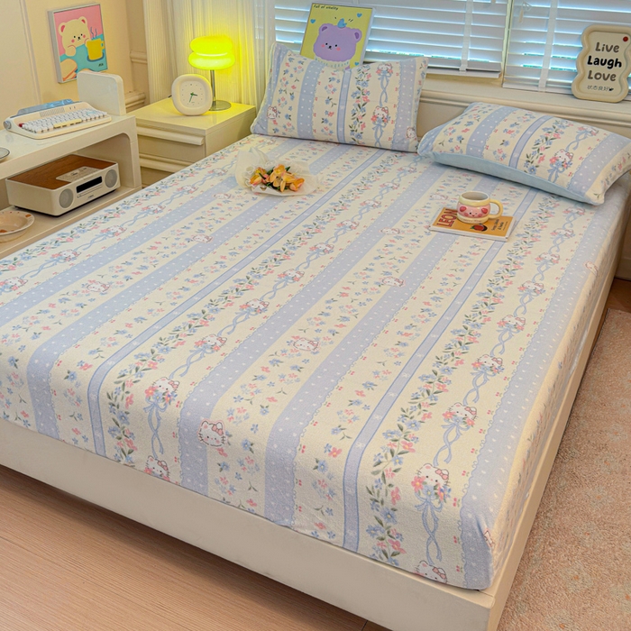 91家纺网 家纺一手货源 找家纺 慕澄家纺 2025新款牛奶绒印花床笠床笠单品 床笠-蓝条凯蒂