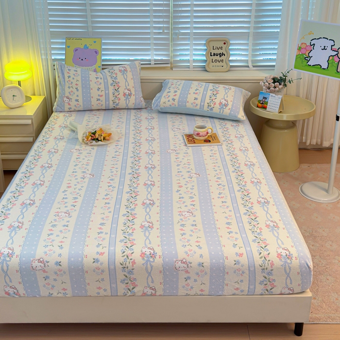 91家纺网 家纺一手货源 找家纺 慕澄家纺 2025新款牛奶绒印花床笠床笠单品 床笠-蓝条凯蒂