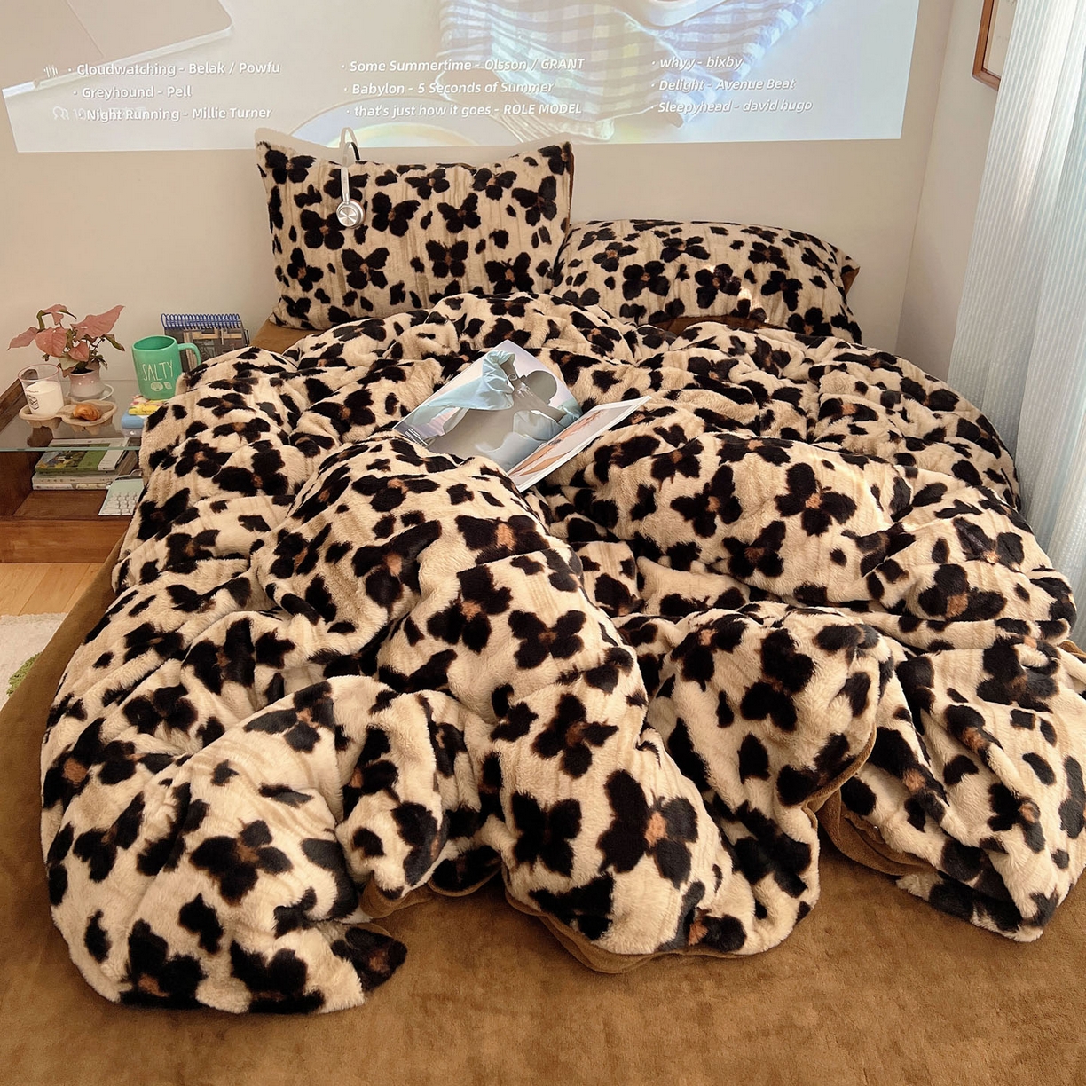 91家纺网 家纺一手货源 找家纺 顾里家纺 2025新款美拉德兔毛四件套 豹纹咖