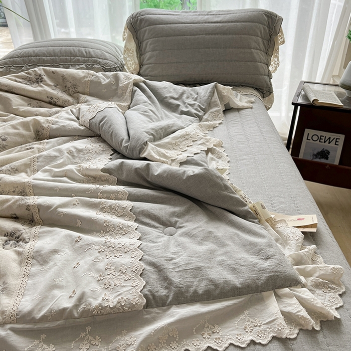 91家纺网 家纺一手货源 找家纺 桂雅居 2025新款植物再生棉麻法式数码印花懒人被被子被芯 清婉花语-灰