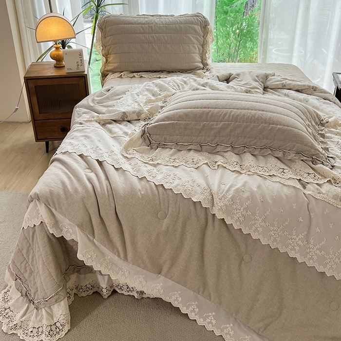 91家纺网 家纺一手货源 找家纺 桂雅居 2025新款植物再生棉麻法式数码印花懒人被被子被芯 素锦-咖