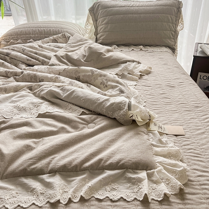 91家纺网 家纺一手货源 找家纺 桂雅居 2025新款植物再生棉麻法式数码印花懒人被被子被芯 素锦-咖