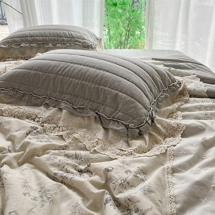 91家纺网 家纺一手货源 找家纺 桂雅居 2025新款植物再生棉麻法式数码印花懒人被被子被芯 清婉花语-灰