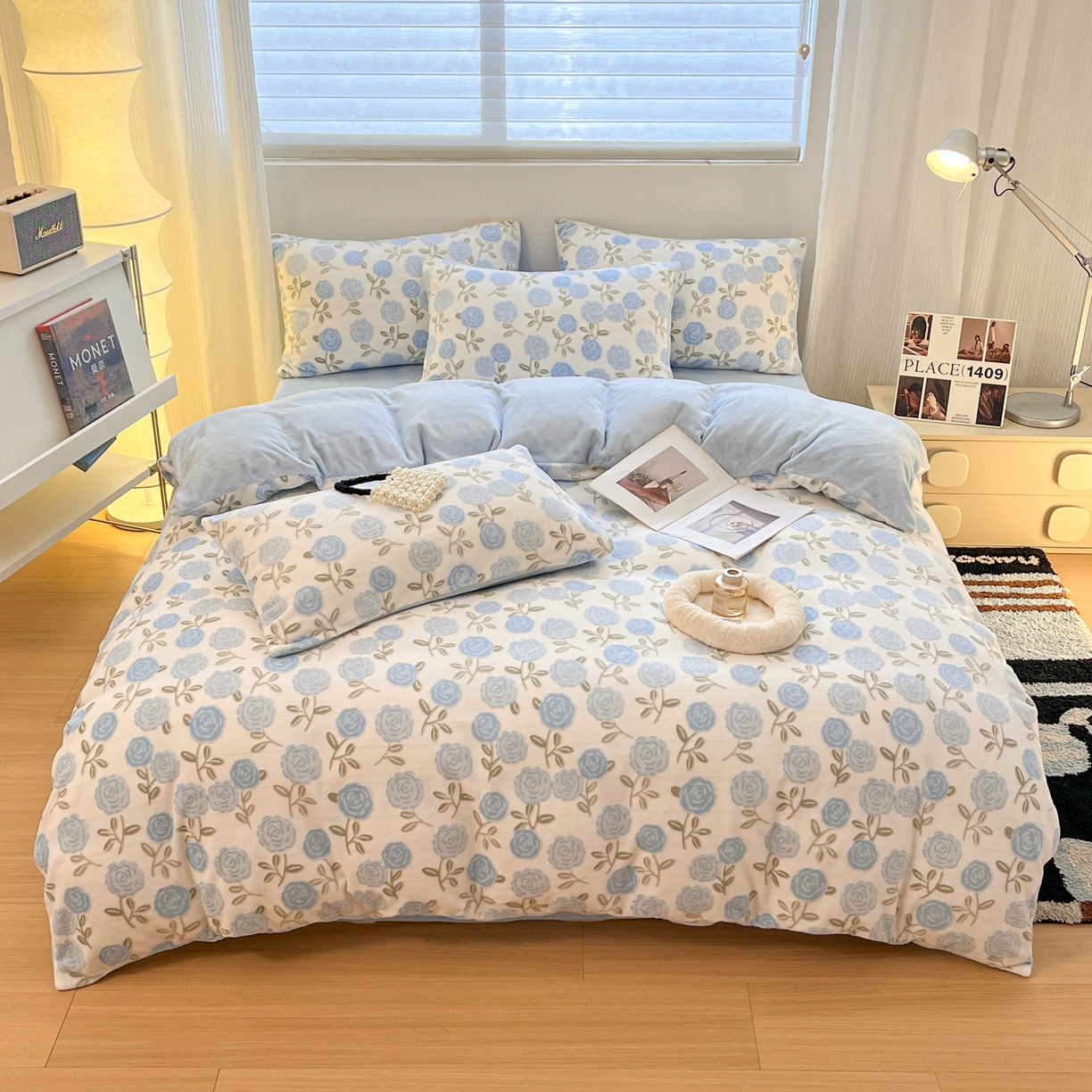 91家纺网 家纺一手货源 找家纺 如一 2025新款3D雕花牛奶绒单被套 繁花-天蓝