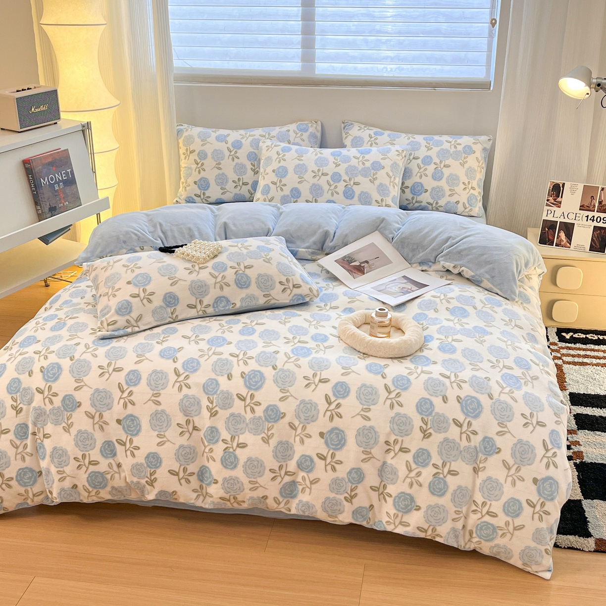 91家纺网 家纺一手货源 找家纺 如一 2025新款3D雕花牛奶绒单被套 繁花-天蓝