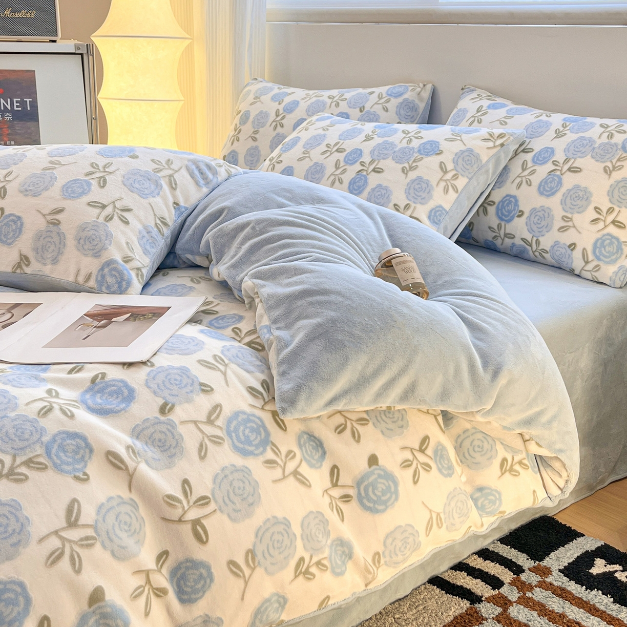 91家纺网 家纺一手货源 找家纺 如一 2025新款3D雕花牛奶绒单被套 繁花-天蓝