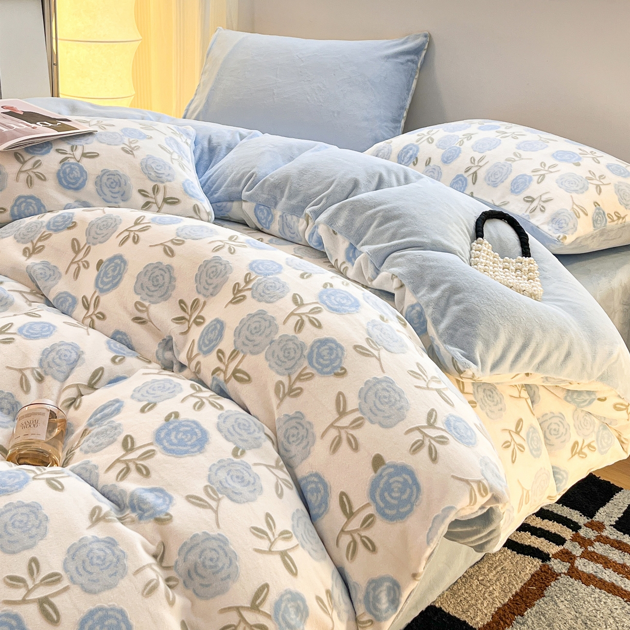 91家纺网 家纺一手货源 找家纺 如一 2025新款3D雕花牛奶绒单被套 繁花-天蓝