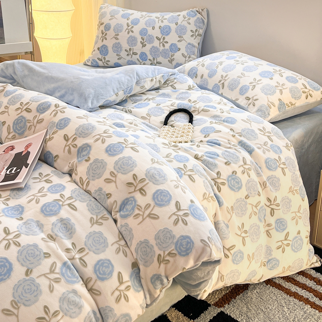 91家纺网 家纺一手货源 找家纺 如一 2025新款3D雕花牛奶绒单被套 繁花-天蓝