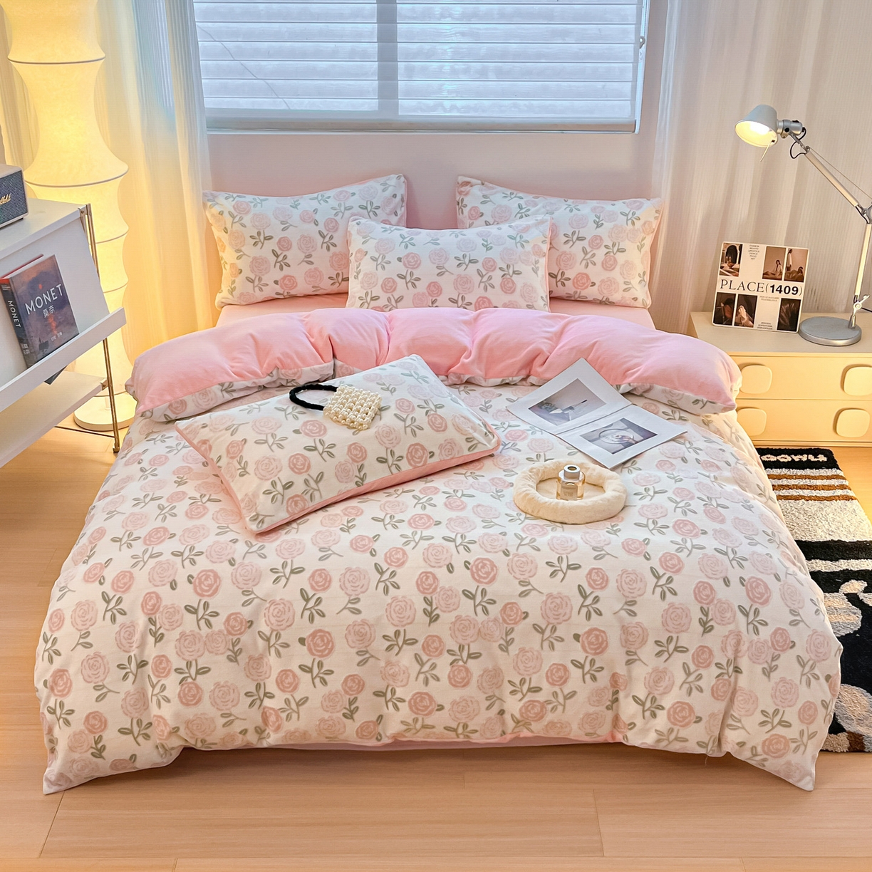 91家纺网 家纺一手货源 找家纺 如一 2025新款3D雕花牛奶绒四件套 繁花-粉