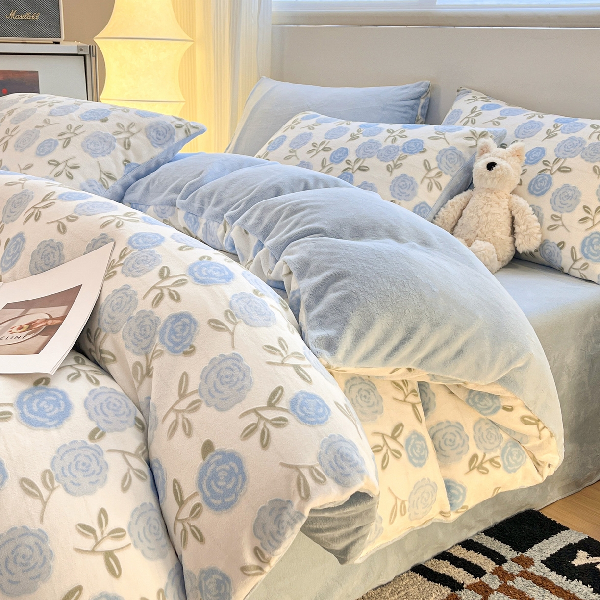 如一 2025新款3D雕花牛奶绒四件套 繁花-天蓝