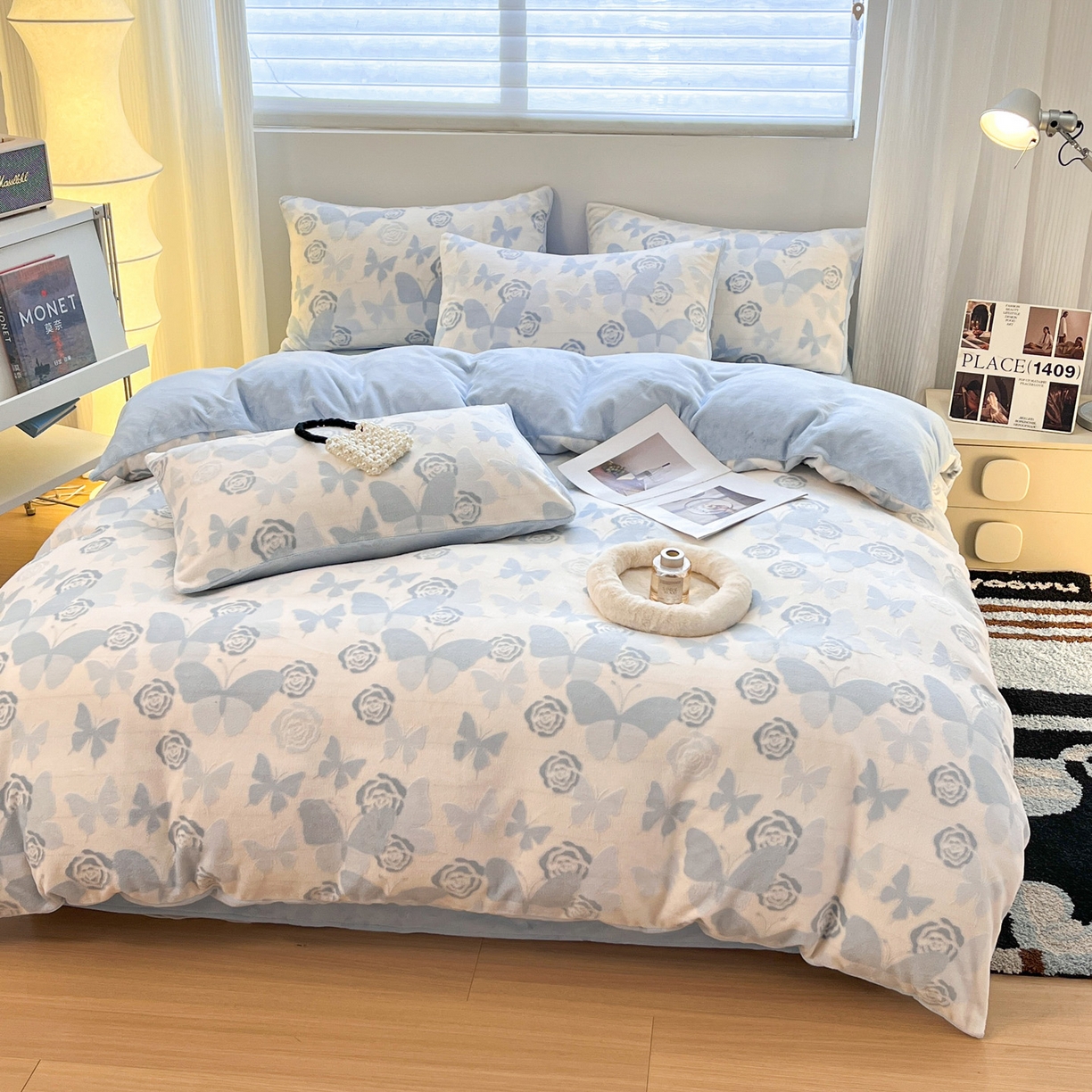 91家纺网 家纺一手货源 找家纺 如一 2025新款3D雕花牛奶绒单被套 蝴蝶-天蓝