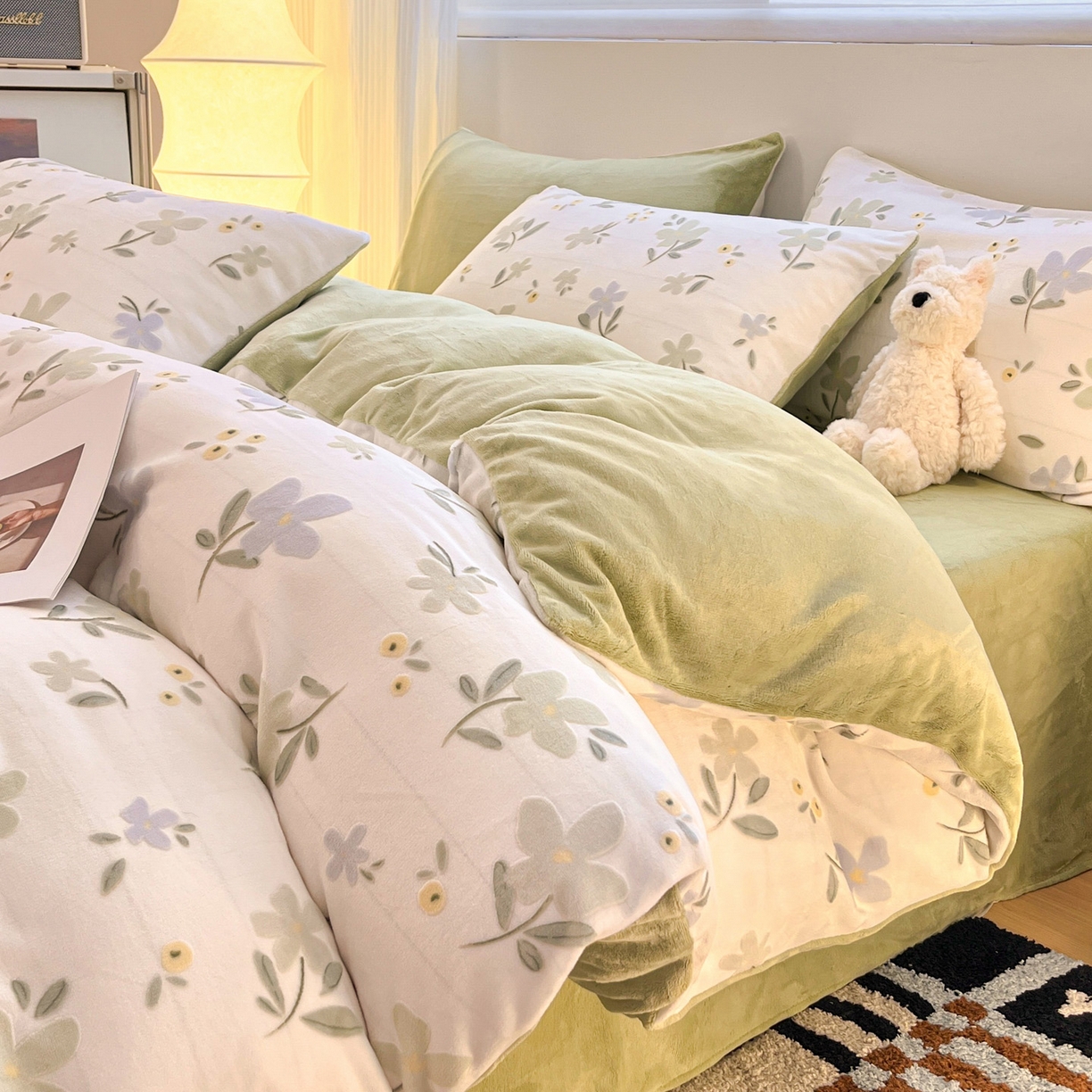 如一 2025新款3D雕花牛奶绒四件套 芳菲-绿