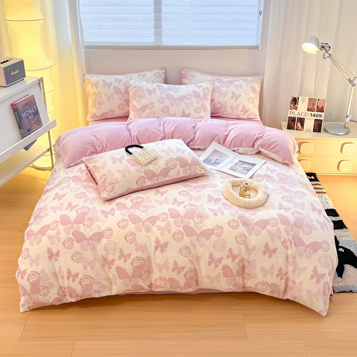 91家纺网 家纺一手货源 找家纺 如一 2025新款3D雕花牛奶绒四件套 蝴蝶-豆沙