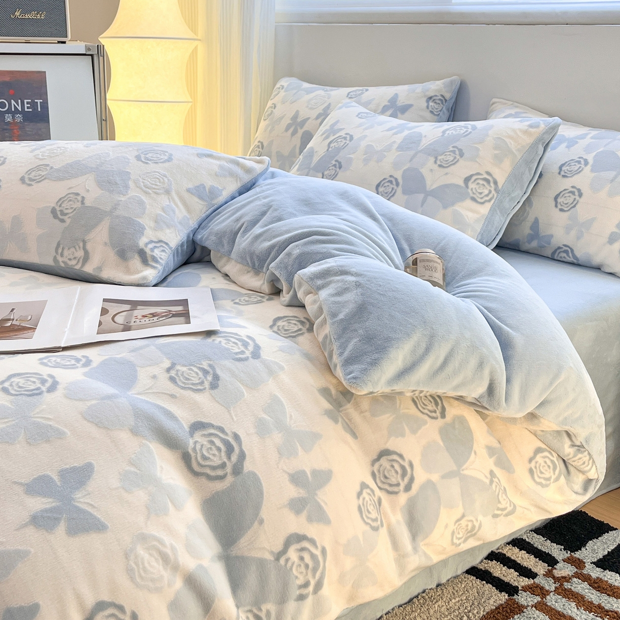 91家纺网 家纺一手货源 找家纺 如一 2025新款3D雕花牛奶绒四件套 蝴蝶-天蓝