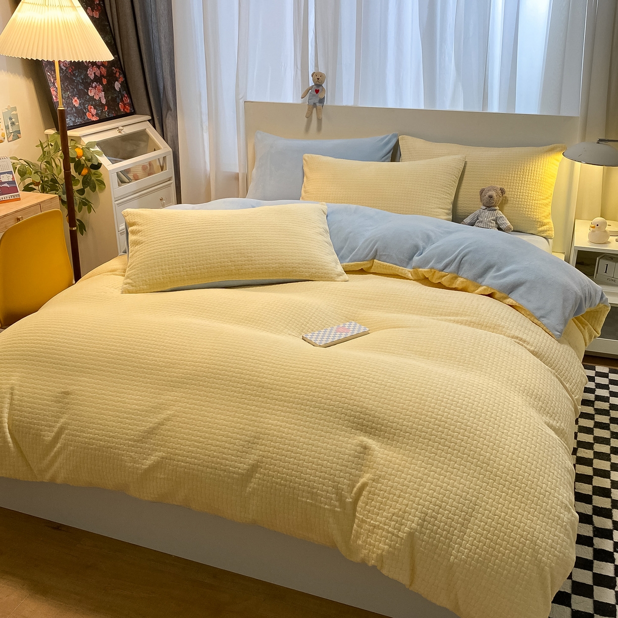 91家纺网 家纺一手货源 找家纺 如一 2025新款3D雕花牛奶绒单被套 华夫格黄