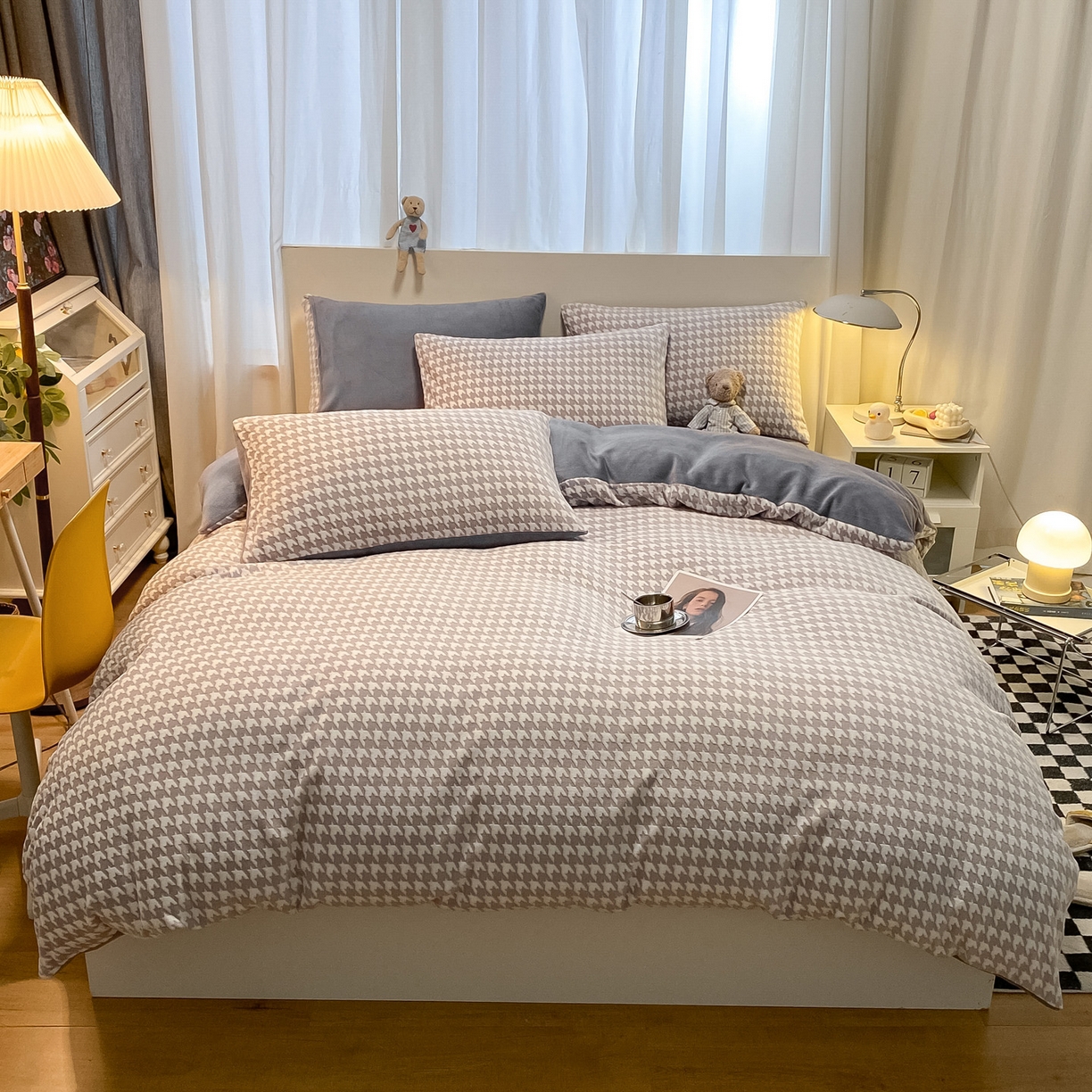 91家纺网 家纺一手货源 找家纺 如一 2025新款3D雕花牛奶绒单被套 千鸟格灰