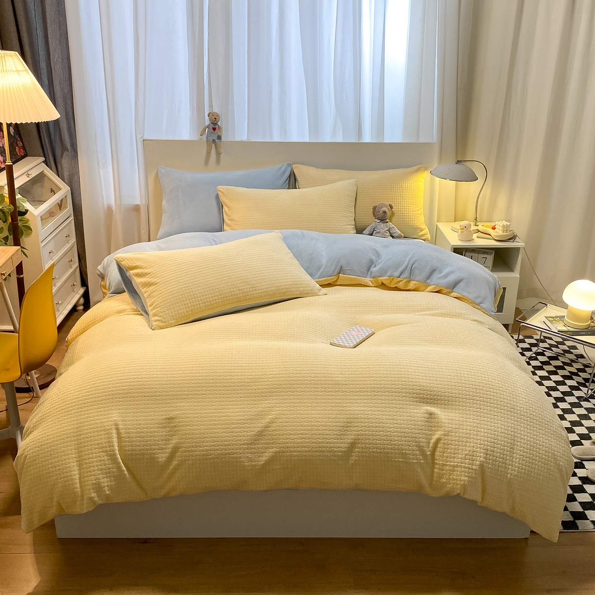 91家纺网 家纺一手货源 找家纺 如一 2025新款3D雕花牛奶绒四件套 华夫格黄