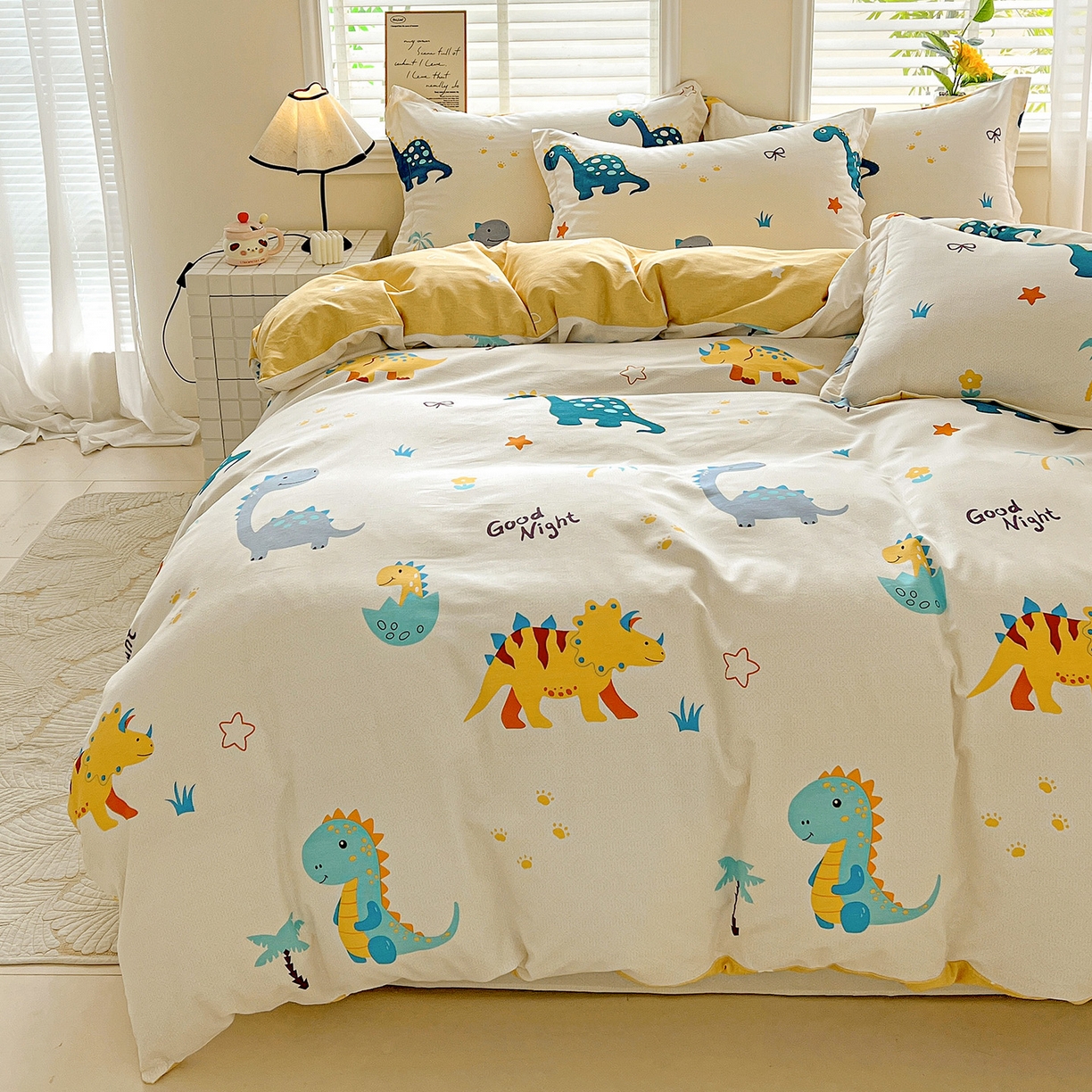 91家纺网 家纺一手货源 找家纺 依庭 2025新款高克重全棉纯棉磨毛印花单被套 恐龙告白