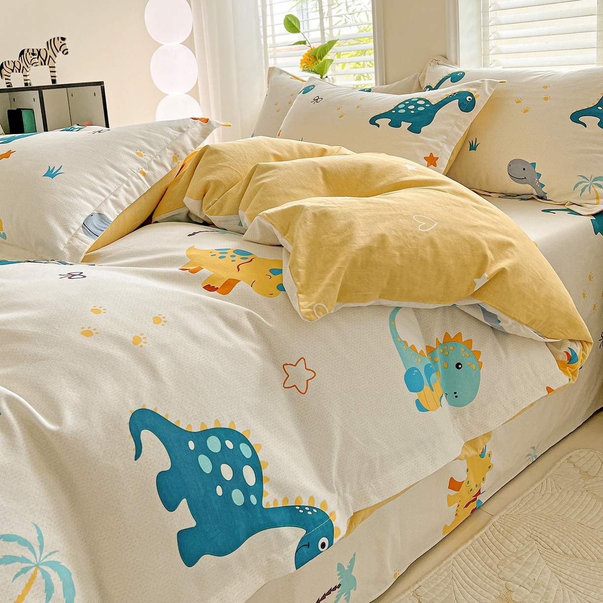 91家纺网 家纺一手货源 找家纺 依庭 2025新款高克重全棉纯棉磨毛印花单被套 恐龙告白