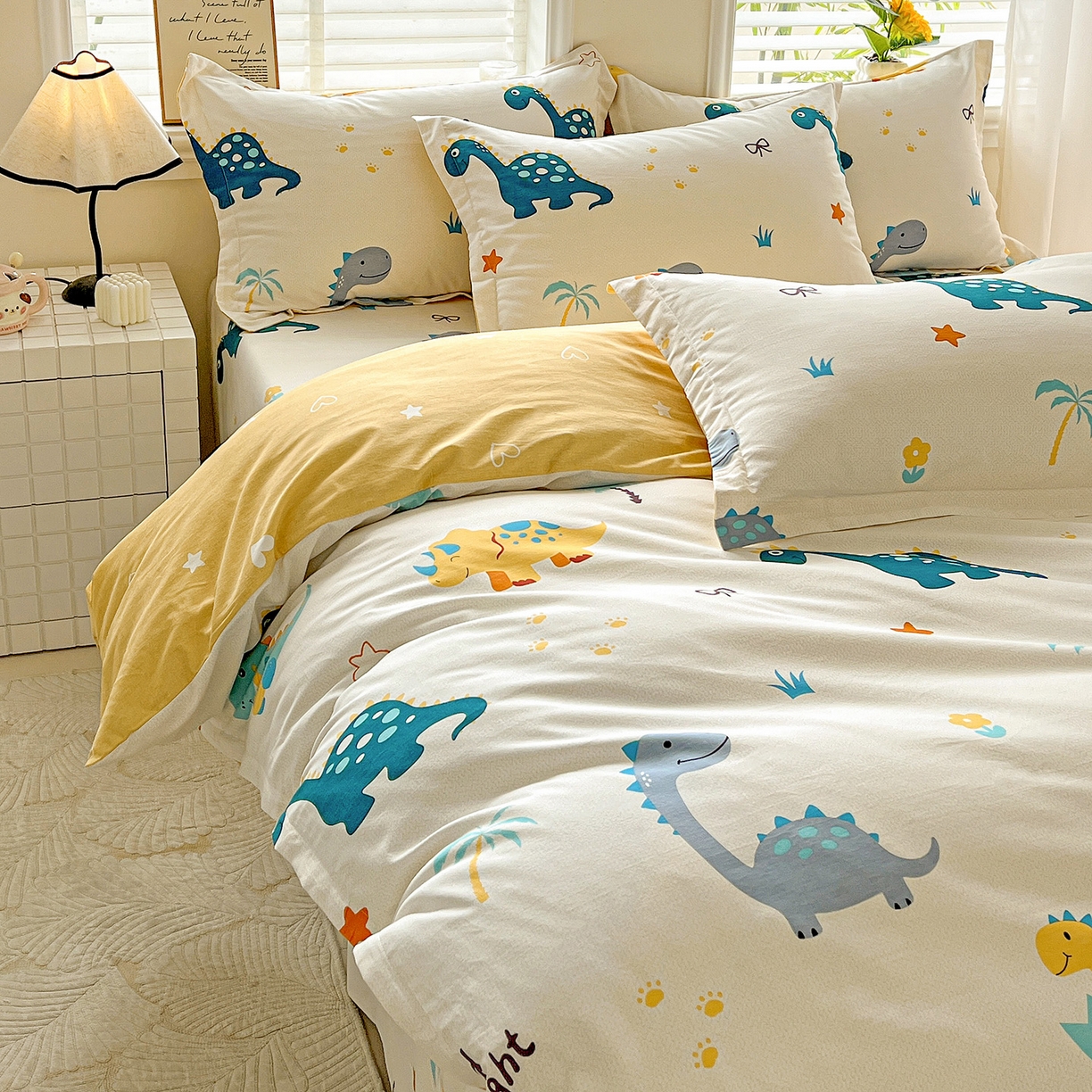 91家纺网 家纺一手货源 找家纺 依庭 2025新款高克重全棉纯棉磨毛印花单被套 恐龙告白