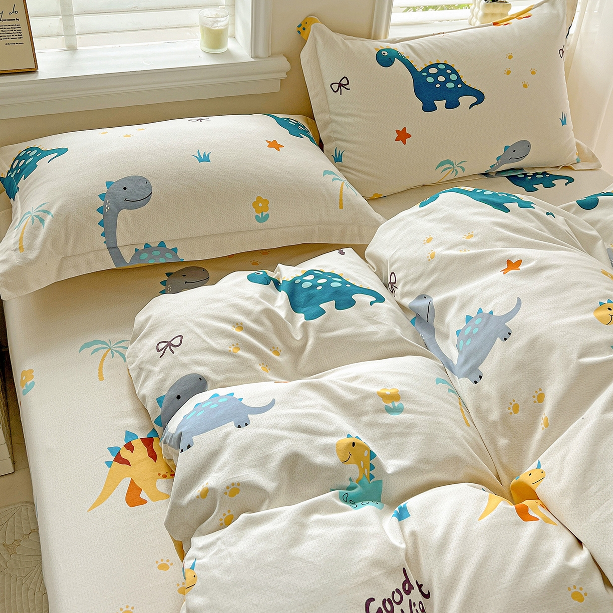 91家纺网 家纺一手货源 找家纺 依庭 2025新款高克重全棉纯棉磨毛印花单被套 恐龙告白