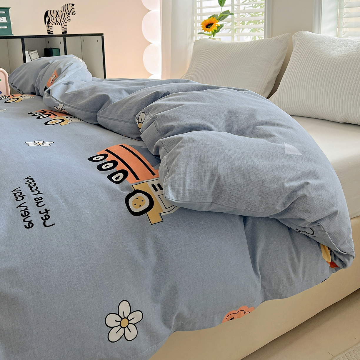 91家纺网 家纺一手货源 找家纺 依庭 2025新款高克重全棉纯棉磨毛印花单被套 萌车派对