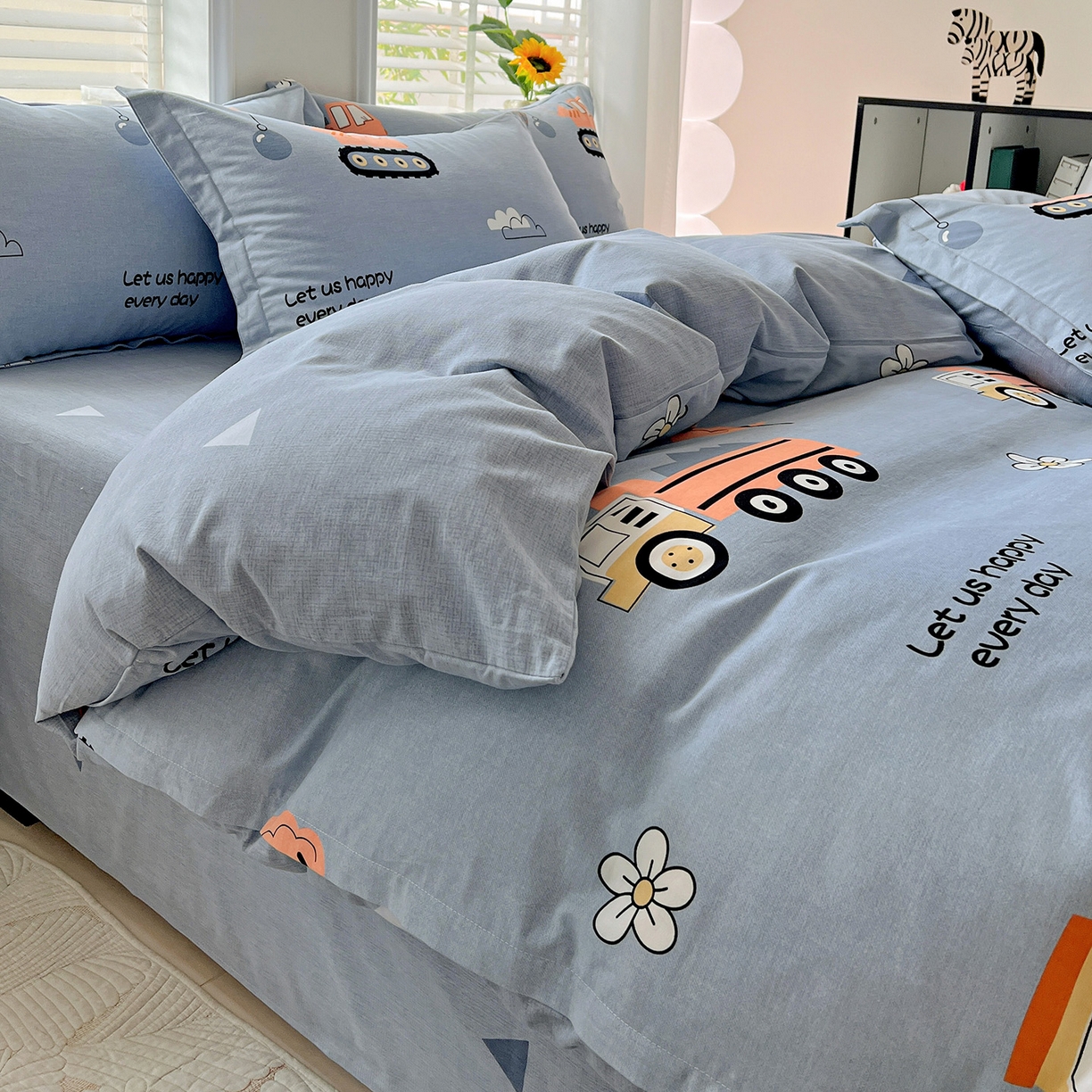 91家纺网 家纺一手货源 找家纺 依庭 2025新款高克重全棉纯棉磨毛印花单被套 萌车派对