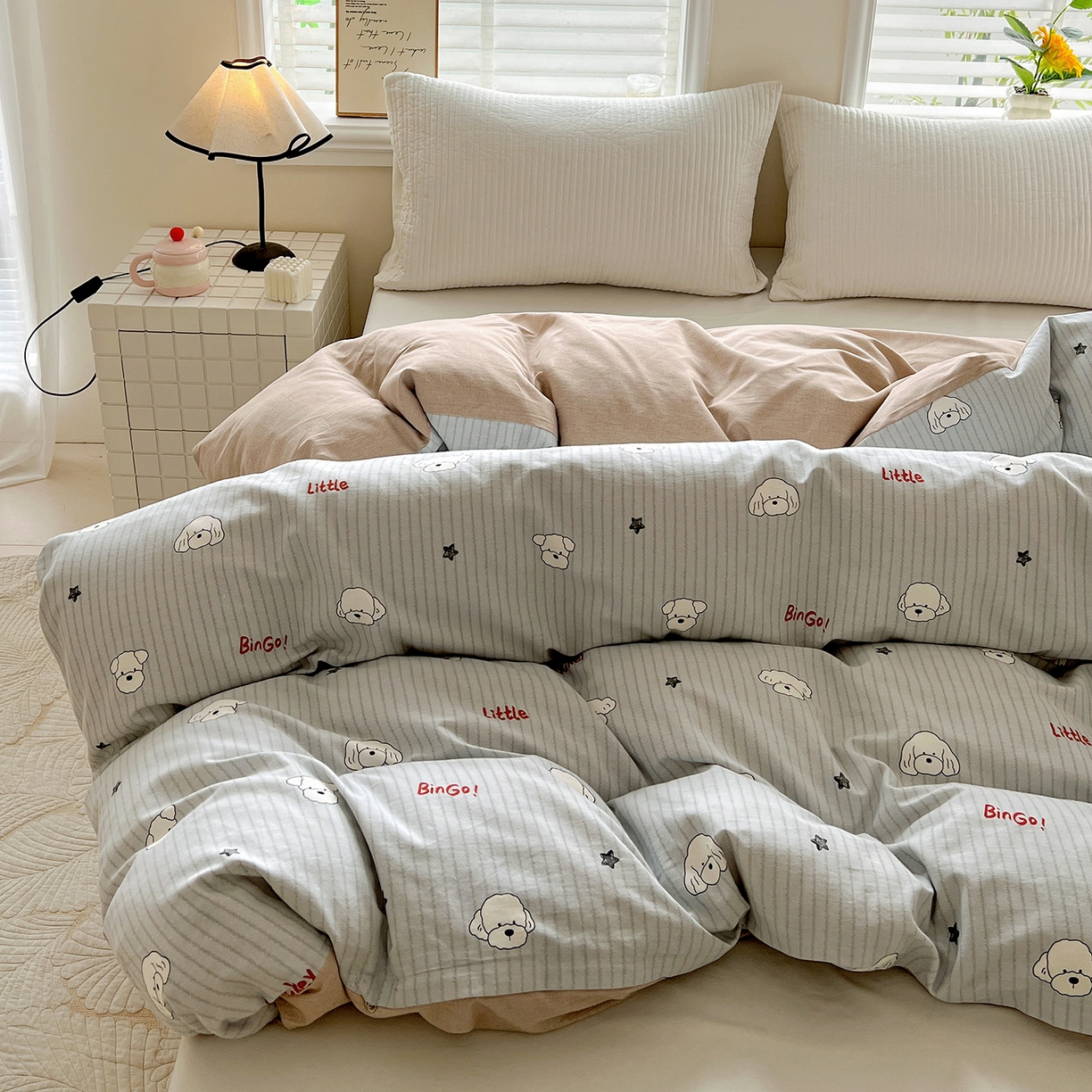 91家纺网 家纺一手货源 找家纺 依庭 2025新款高克重全棉纯棉磨毛印花单被套 皮皮狗