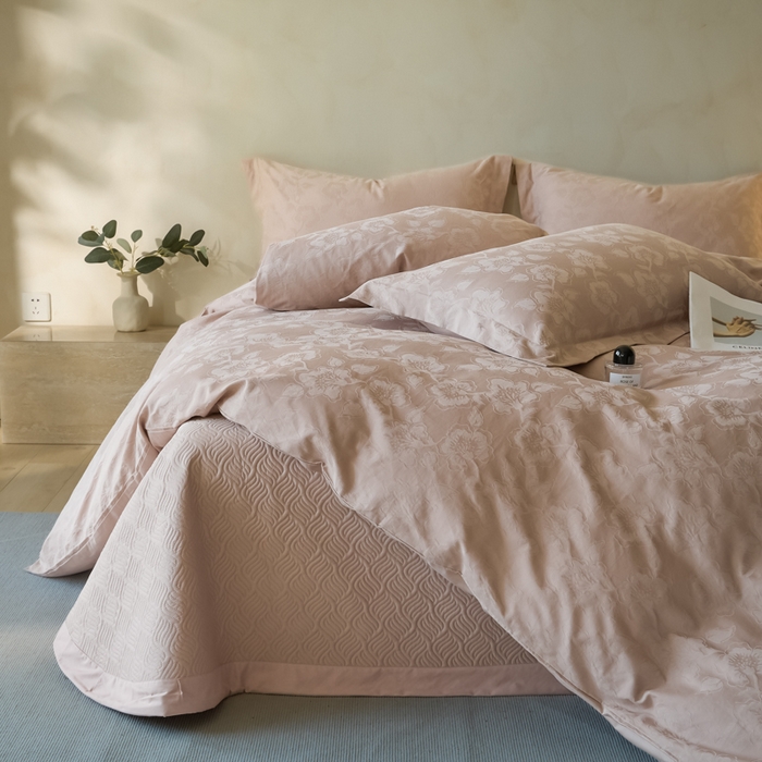 禾时 2025新款轻奢高支浮雕立体提花床盖款四件套 兰亭（藕粉）