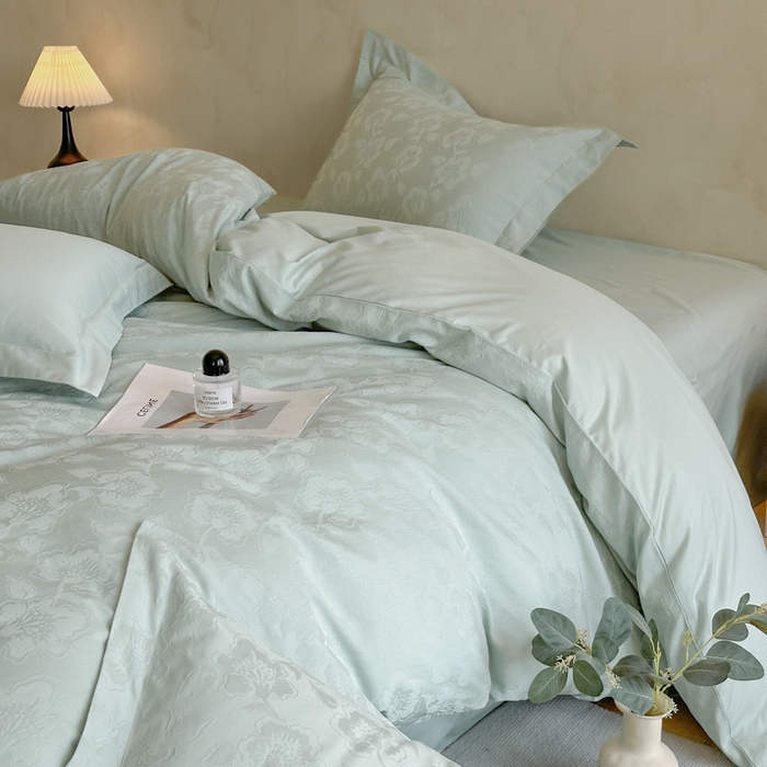 91家纺网 家纺一手货源 找家纺 禾时 2025新款轻奢高支浮雕立体提花床盖款四件套 兰亭（梵星蓝）