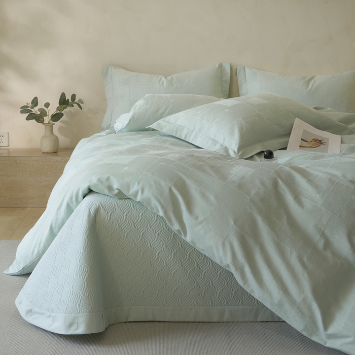 禾时 2025新款轻奢高支浮雕立体提花床盖款四件套 空白格（梵星蓝）