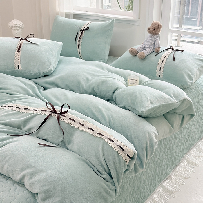 91家纺网 家纺一手货源 找家纺 韩秀家纺 2025新款牛奶绒床盖四件套 绿